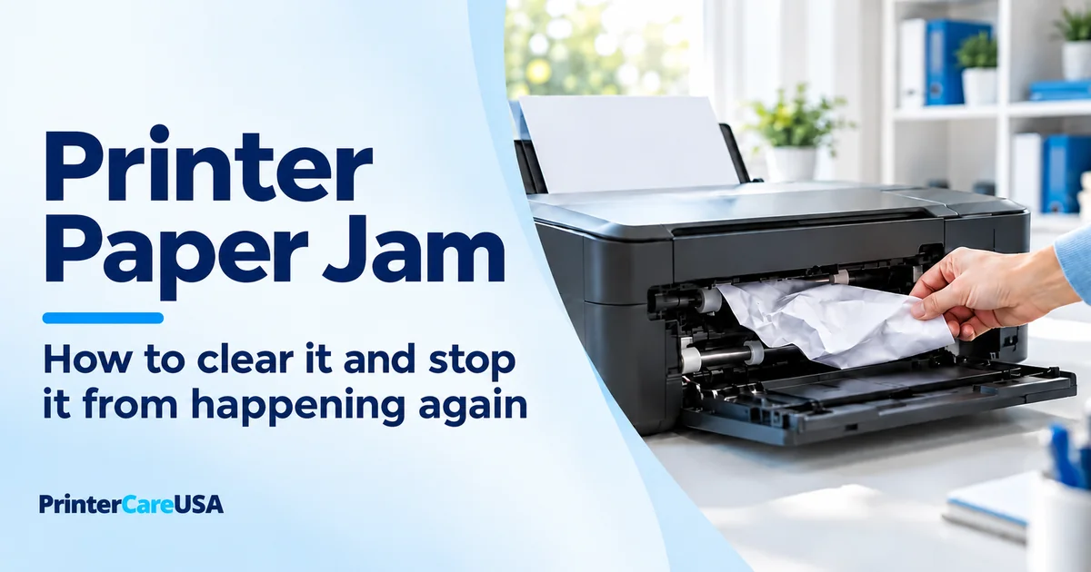Printer paper jam with a crumpled sheet being removed from a printer
