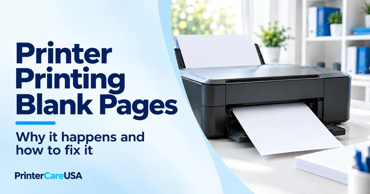 Printer producing a blank page beside a stack of white paper