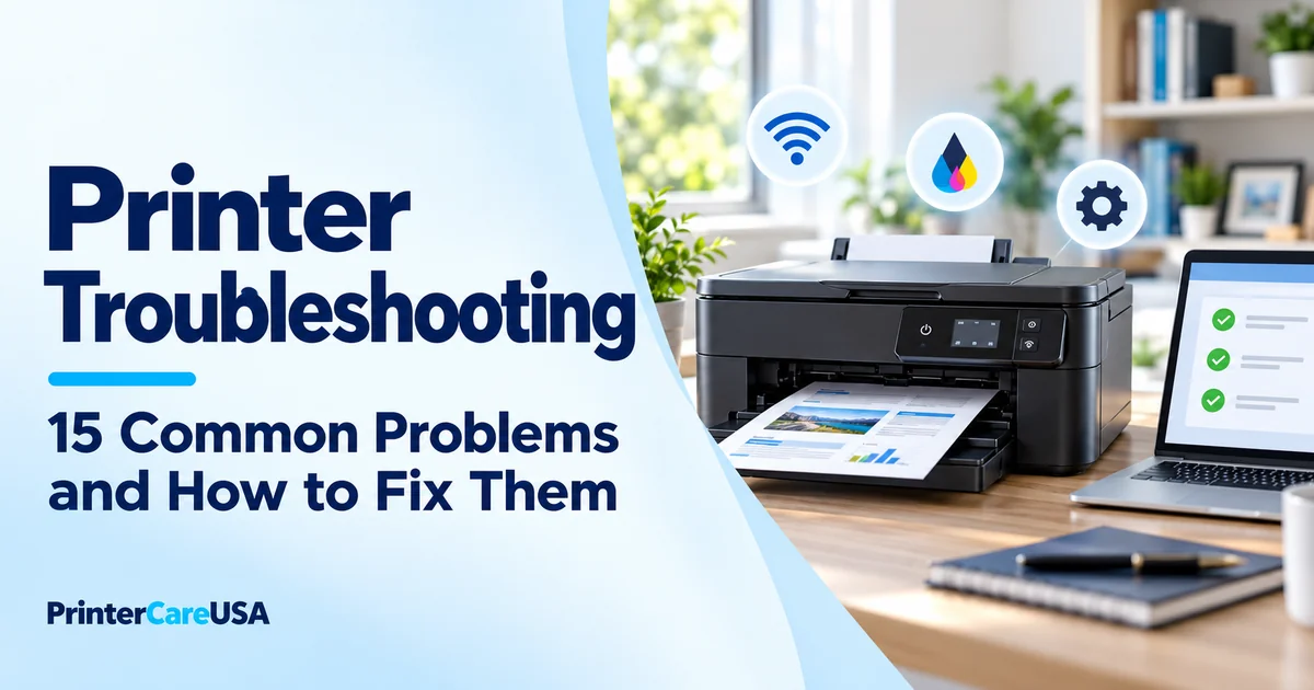 Printer beside a laptop with troubleshooting checks for 15 common printer problems
